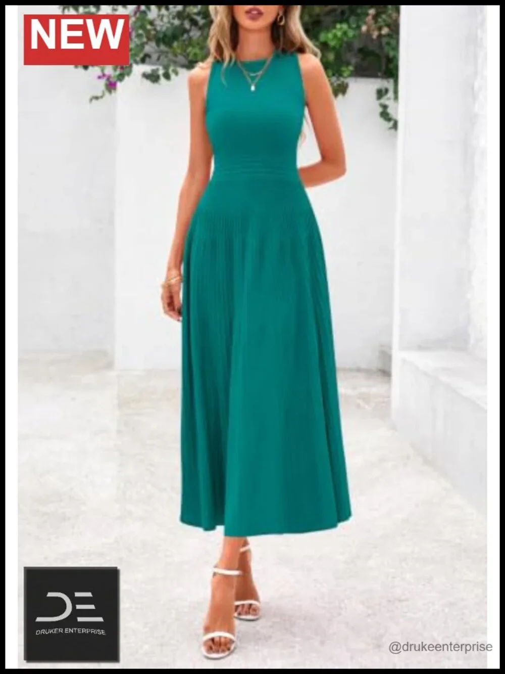Sleeveless A-Line Midi Cocktail Dress with Pleated Waist